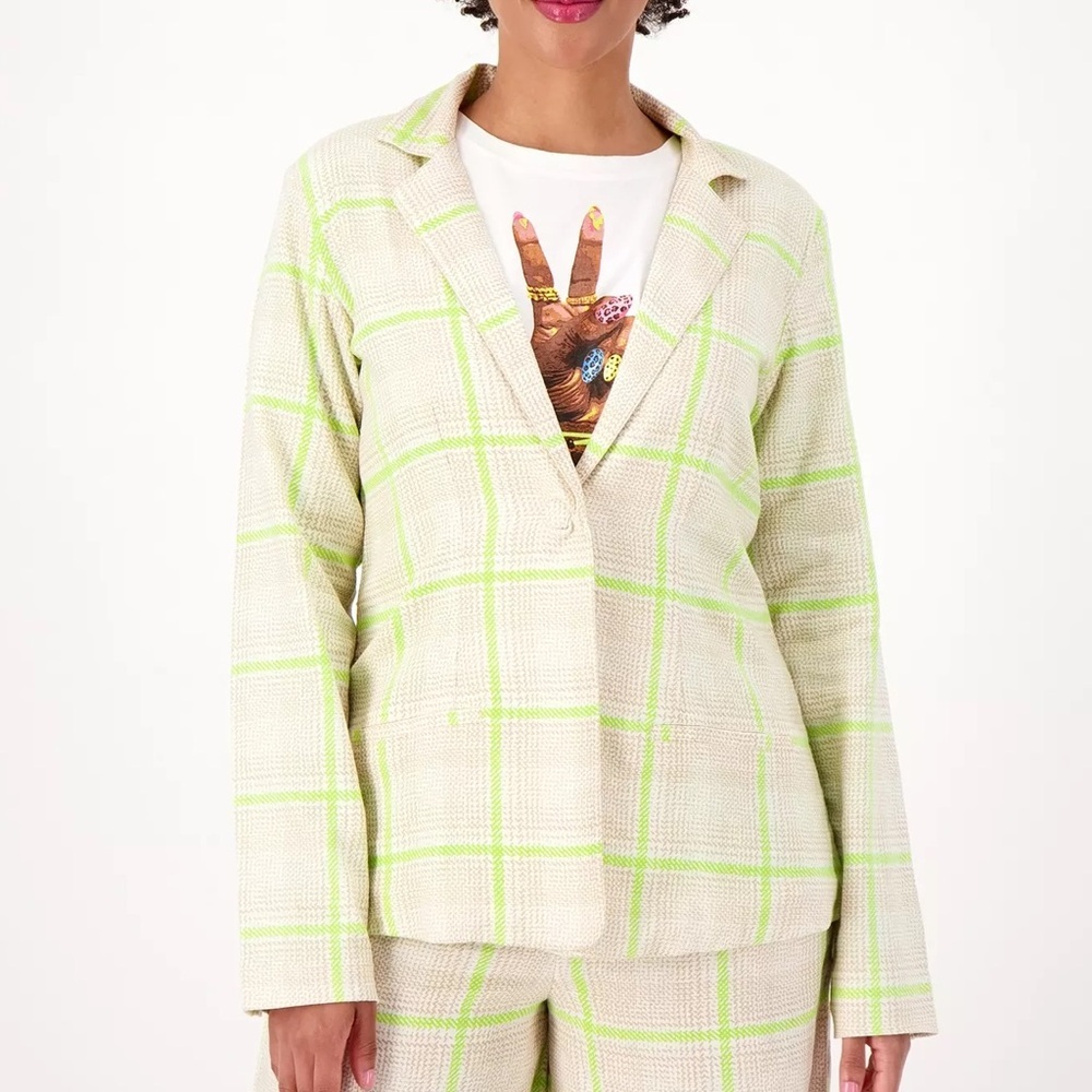 Studio Park X Vanessa Herring Women XL Khaki Lime Plaid Linen-Blend Blazer NWOT